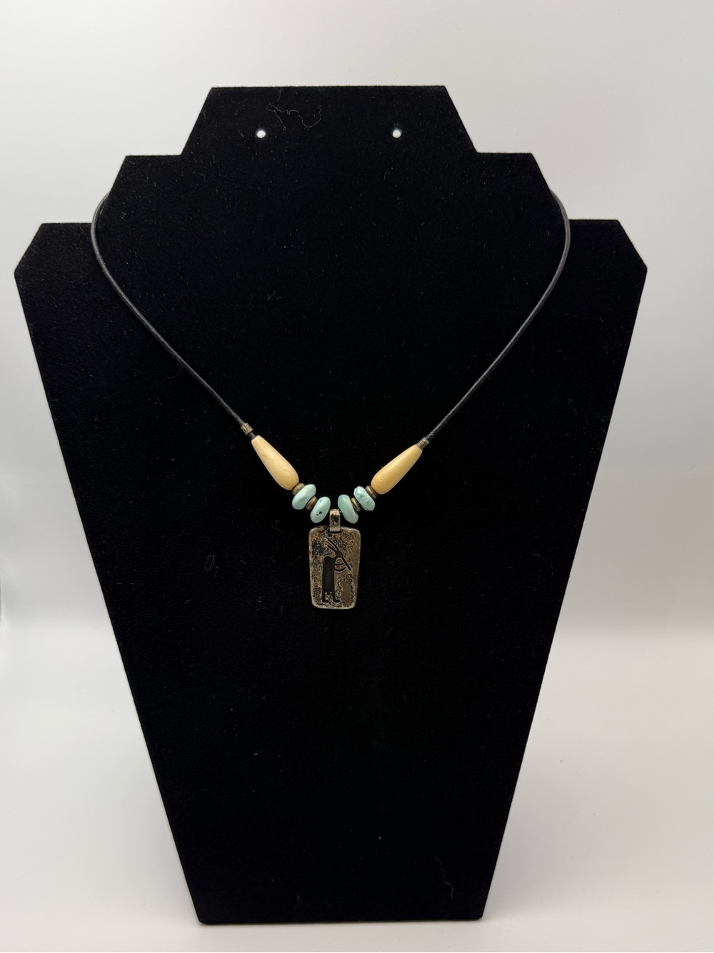 Kokopelli Pendant Necklace with Turquoise and Bone
Beads